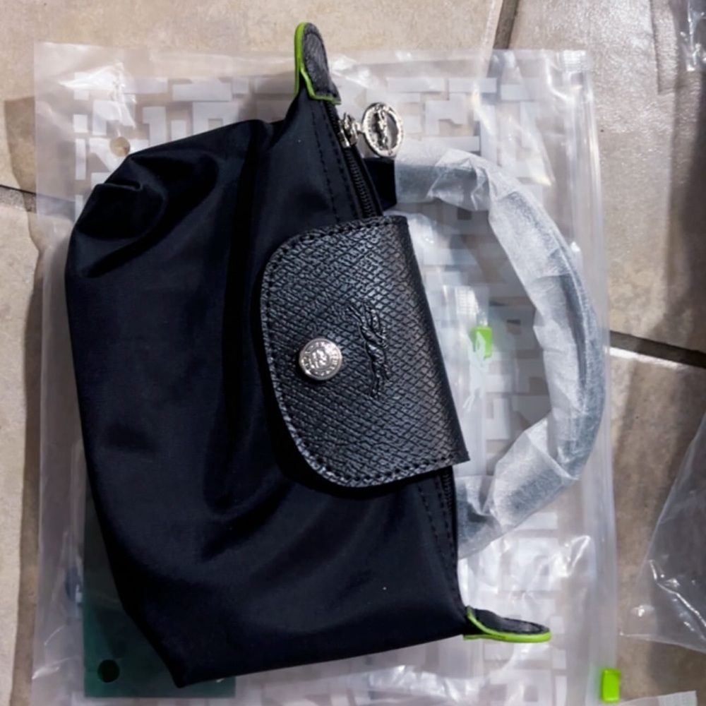 Longchamp Black Nylon Top-Handle Mini Tote with Lime Trim
